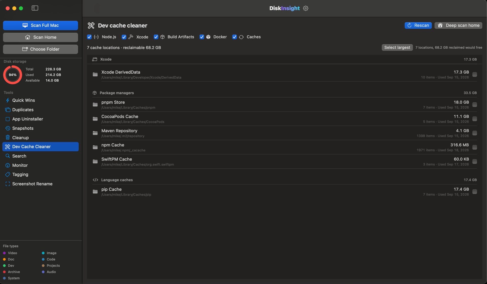 DiskInsight Dev Cache Cleaner: Xcode DerivedData, Node.js, package manager caches with reclaimable space