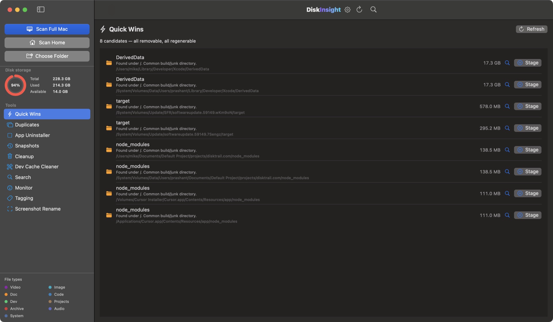 DiskInsight Quick Wins listing DerivedData and node_modules candidates with reclaimable sizes