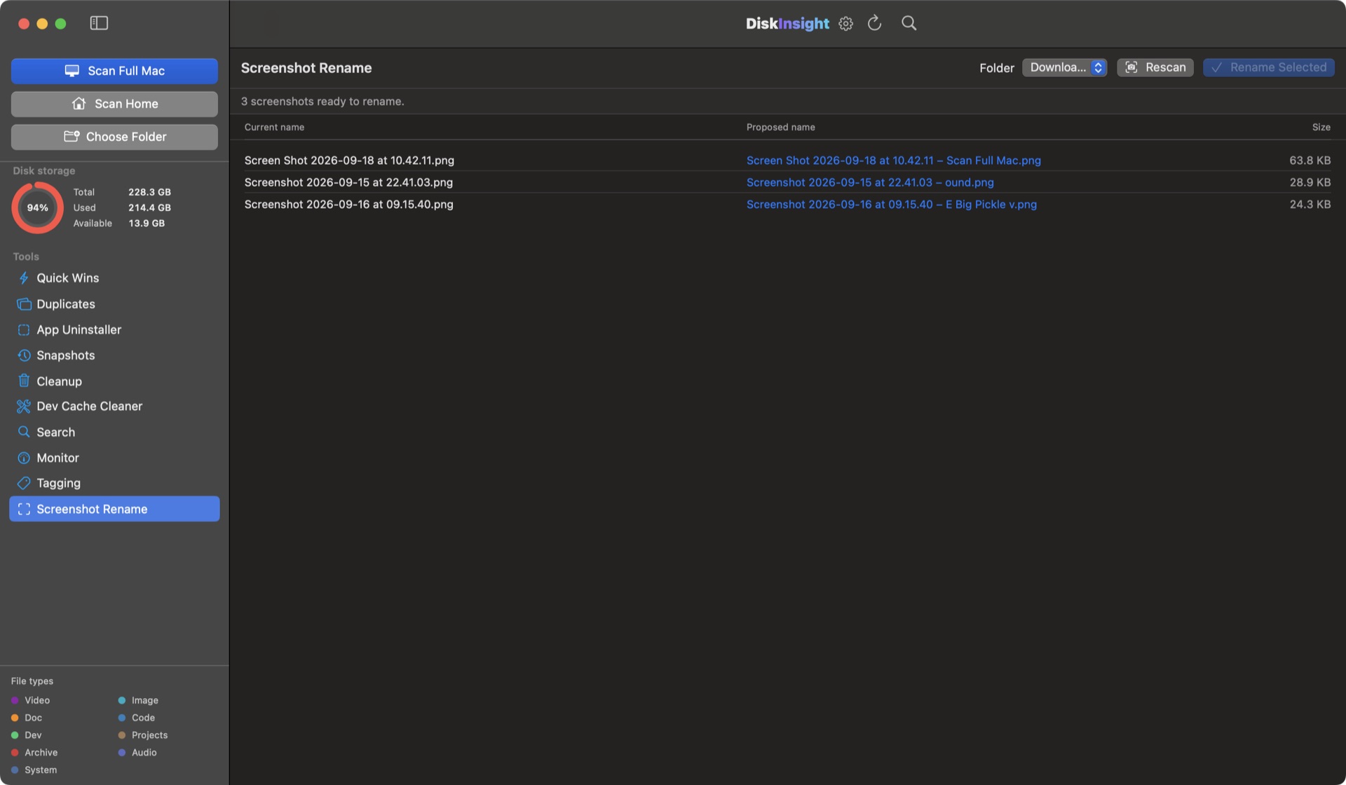 DiskInsight Screenshot Renamer with OCR-proposed descriptive names ready to apply to a batch of screenshots