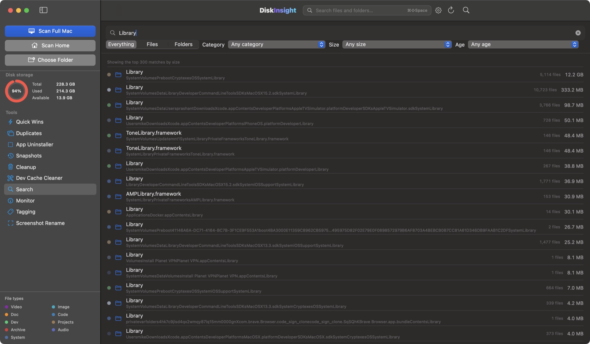 DiskInsight search: find any file or folder in a scan by name with filters and size-ranked results